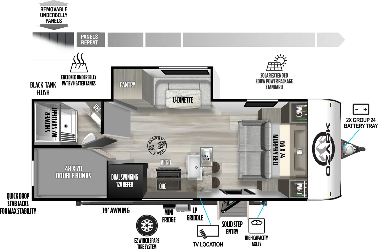 The 2440BHK has one slideout and one entry. Exterior features include removeable underbelly panels, enclosed underbelly with 12 volt heated tanks, solar extended 200 watt power package, 2x group 24 battery tray in the front, quick drop stabilizer jacks, outside kitchen, 19 foot awning, EZ winch spare tire system, and high capacity axles. Interior layout front to back: murphy bed with overhead cabinet and wardrobe on either side; entry door; kitchen with peninsula countertop with sink that wraps to door side TV, overhead cabinet, microwave, stove, pantry, and skylight; off-door side slideout with tri-fold sofa and dual swinging 12 volt refrigerator; rear off-door side bathroom with shower with skylight and medicine cabinet; rear door side double bunks.